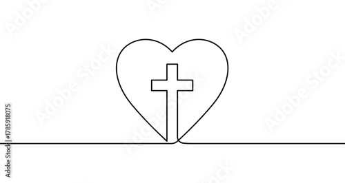 Christian cross inside a heart in one line art style. Drawing of a faith and love symbol with editable black stroke on a white background. Vector illustration.