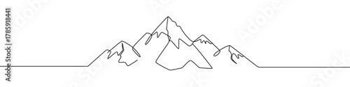 Mountain range with sharp peaks in one line art style. Drawing of a nature and climbing symbol with editable black stroke on a white background. Vector illustration.