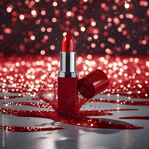 A red lipstick tube, dramatically frozen against a mesmerizing, blurred background with red sparkling glitter, is a product presentation.