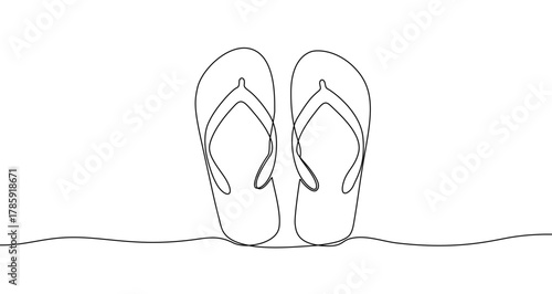 Pair of flip-flops in one line art style. Drawing of summer footwear with editable black stroke on a white background. Vector illustration.