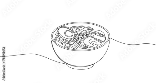 Large bowl of ramen in one line art style. Drawing of a popular Japanese dish with editable black stroke on a white background. Vector illustration.