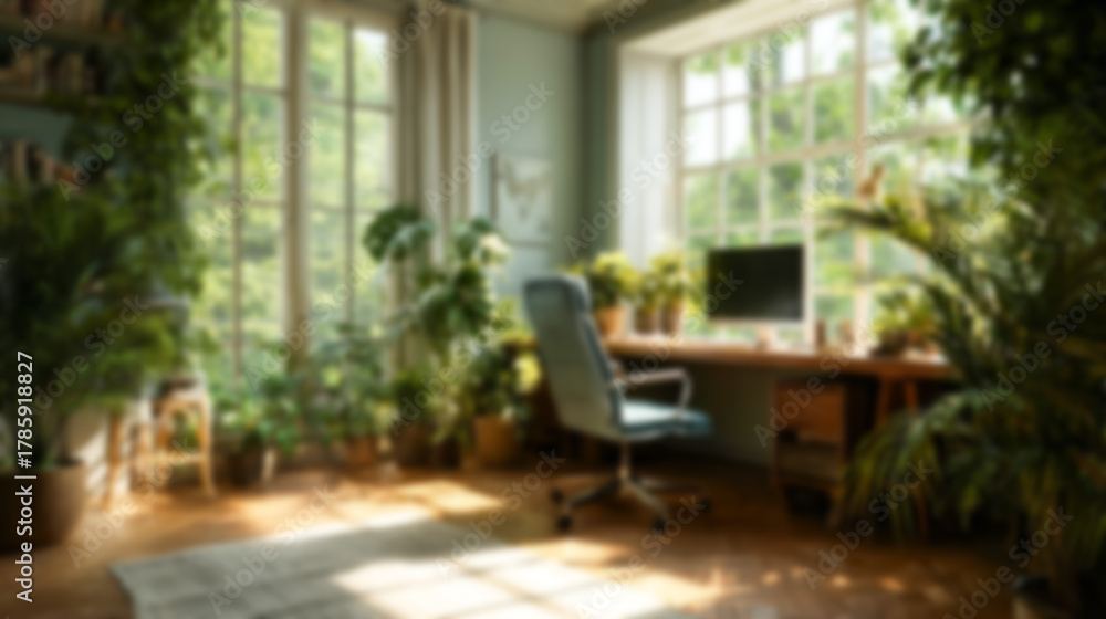 Fototapeta premium Blurred home office interior with abundant green plants, natural light, and a cozy desk setup. Ideal modern backdrop for virtual meetings, website design, and minimalist presentations.