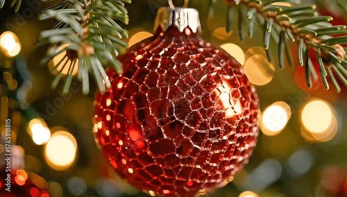 Festive red bauble ornament hanging on a Christmas tree with bokeh lights in the background