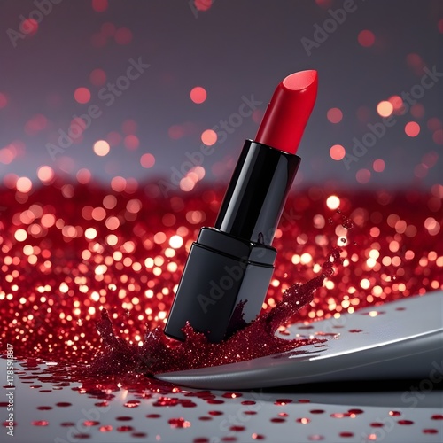 A red lipstick tube, dramatically frozen against a mesmerizing, blurred background with red sparkling glitter, is a product presentation.