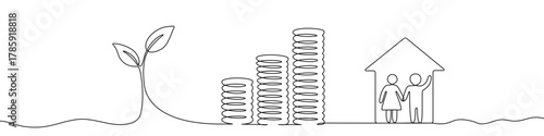 Three ascending stacks of coins in one line art style. Drawing of a financial growth, saving, and profit symbol with editable black stroke on a white background. Vector illustration.