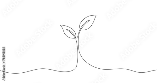 Young sprout with two leaves growing from the ground in one line art style. Drawing of a nature, ecology, and growth symbol with editable black stroke on a white background. Vector illustration.