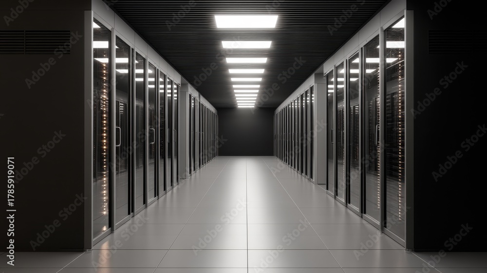 Fototapeta premium A sleek and modern data center corridor lined with server racks. The space is illuminated by bright overhead lights, creating a high-tech atmosphere.