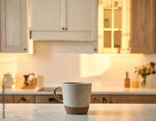 Warm Kitchen Scene: Coffee Mug on Counter with Soft Natural Light and Backsplash