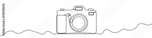 Digital single-lens reflex camera in one line art style. Drawing of a professional photocamera with editable black stroke. Vector illustration.