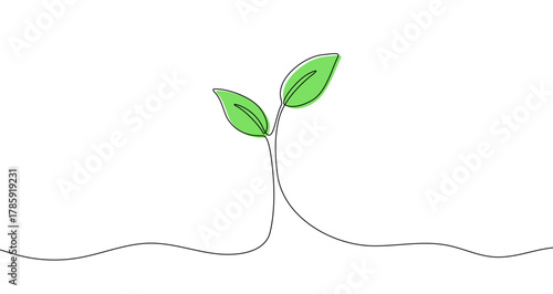 Colorful young sprout with two green leaves in one line art style. Drawing of a nature, ecology, and growth symbol with editable black stroke. Vector illustration.