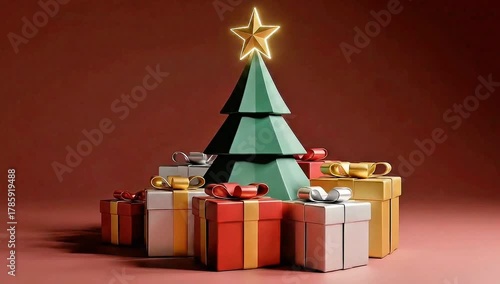 Festive 3D Christmas tree illustration adorned with a golden star, surrounded by a vibrant collection of holiday gift boxes, symbolizing joy and seasonal celebration