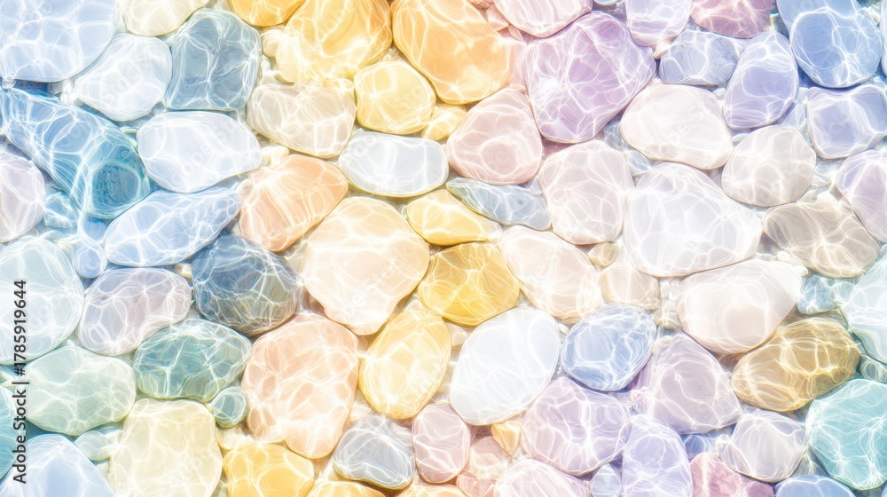 Fototapeta premium Submerged stones with colorful ripple effect: A mesmerizing display of colorful stones seen through shimmering water.