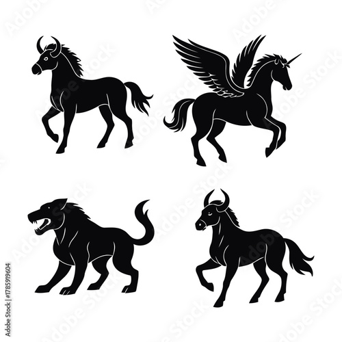 Mythical creatures heraldic silhouettes of horse, unicorn, pegasus, and manticore for coat of arms design