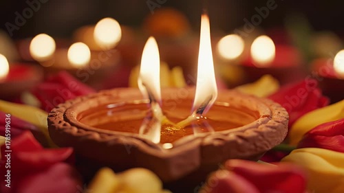 Close Up Shot Of Lit Oil Lamp With Glowing Flame Surrounded By Rose Petals on Festive Background
