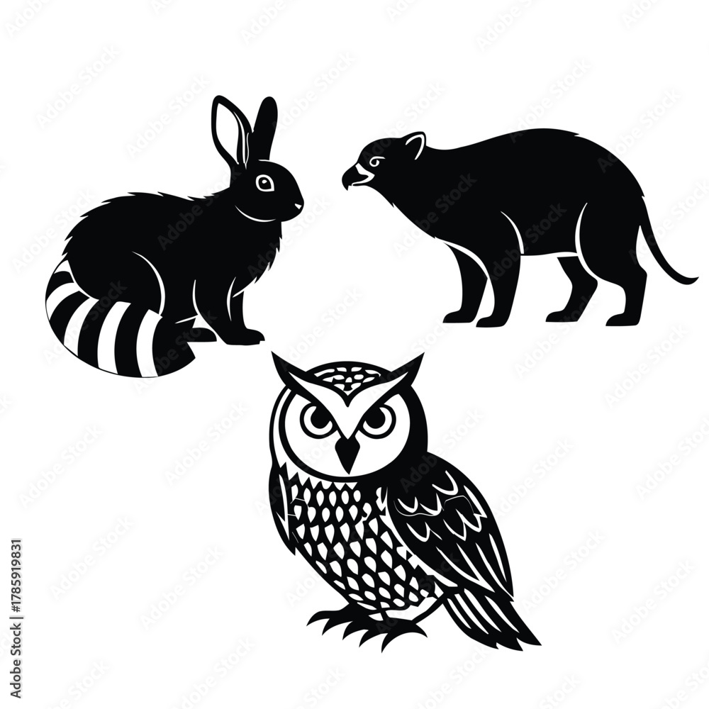 Fototapeta premium Silhouette of wild animals rabbit, tasmanian devil, and owl in black color vector illustration