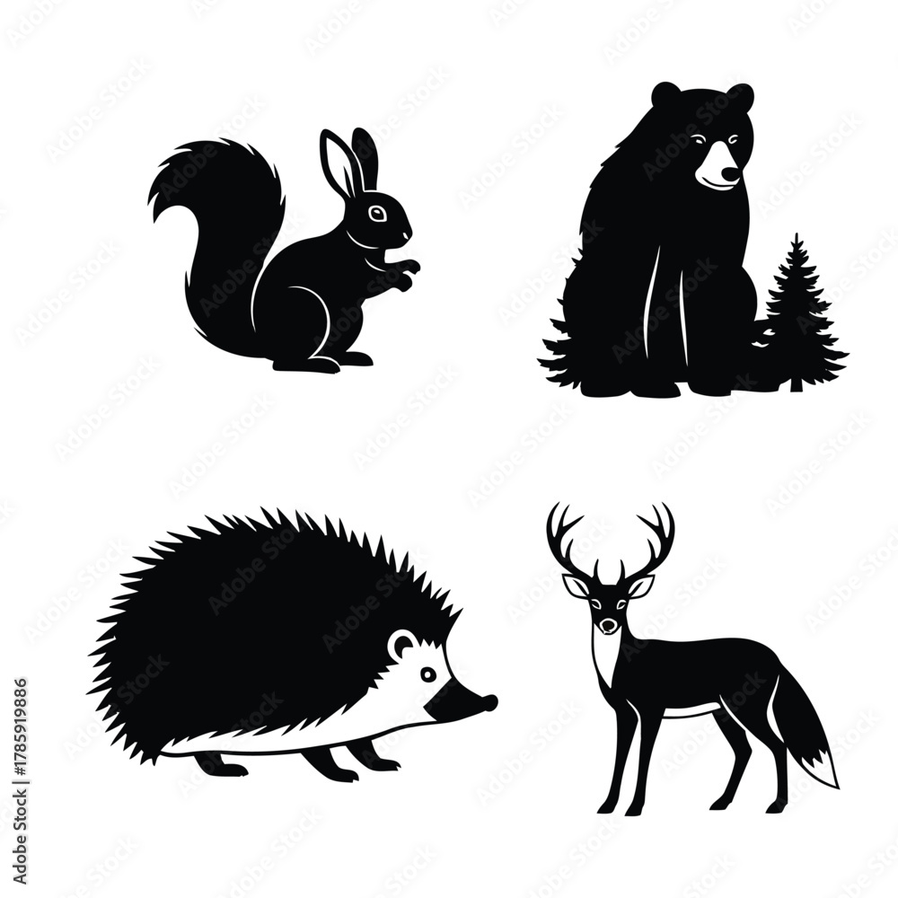 Obraz premium Silhouette of a squirrel, bear, hedgehog, and deer perfect for naturethemed designs