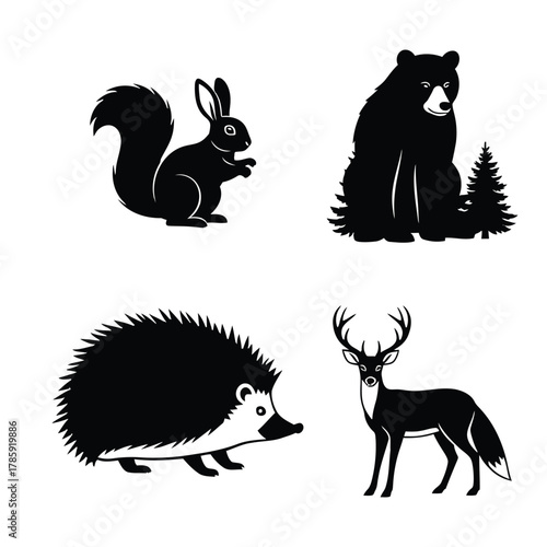 Silhouette of a squirrel, bear, hedgehog, and deer perfect for naturethemed designs