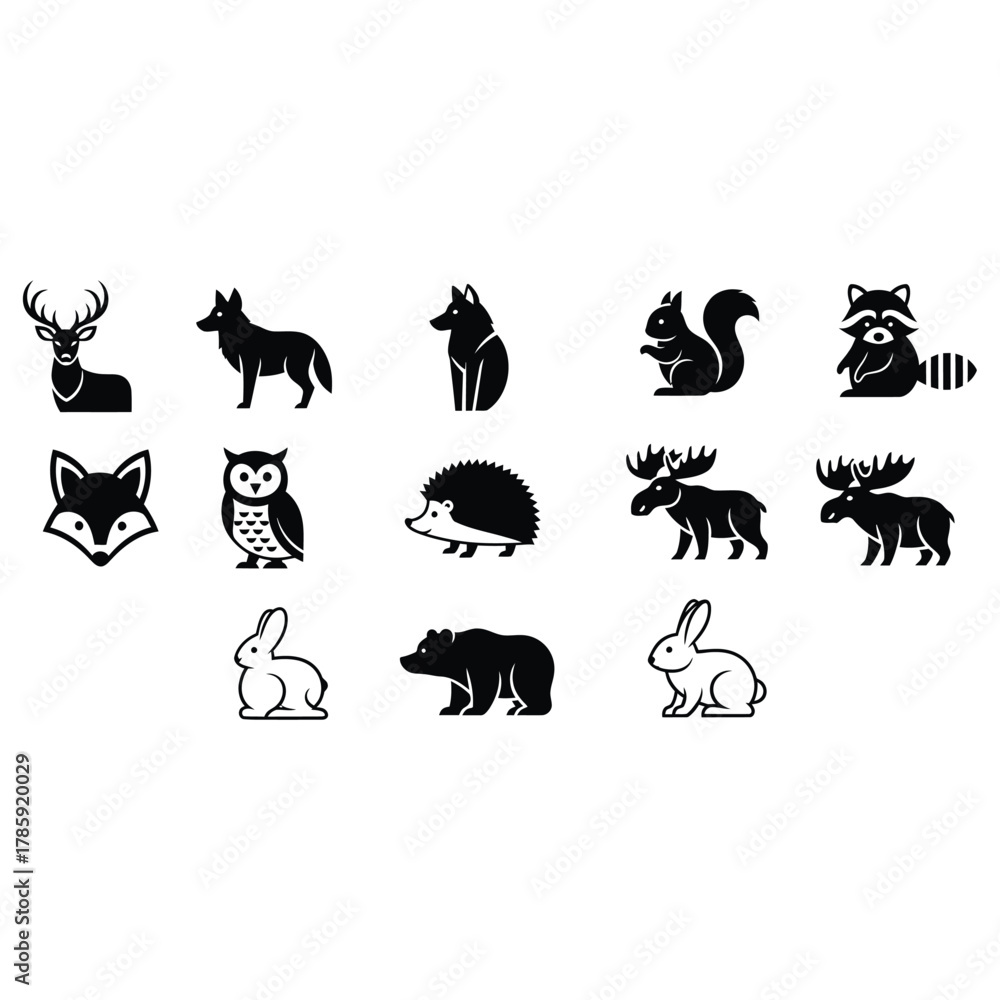 Fototapeta premium Collection of forest animal icons featuring a deer, wolf, squirrel, raccoon, fox, owl, hedgehog, moose, rabbit