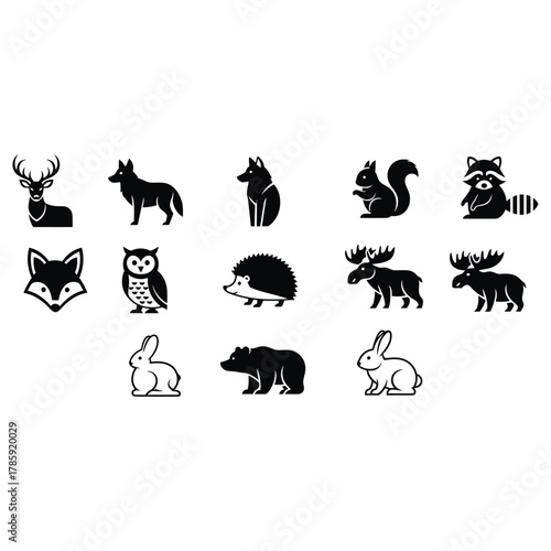Collection of forest animal icons featuring a deer, wolf, squirrel, raccoon, fox, owl, hedgehog, moose, rabbit