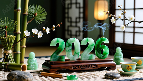 Year 2026 made of green jade stone on carved wooden stand in zen asian interior with bamboo, plum blossoms, incense smoke, buddha figurine and tea cups. Peaceful oriental harmony concept