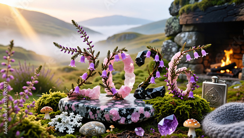 The number 2026, crafted from purple heather flowers and pink ribbon, sits on a moss-covered stone platform with amethyst crystals, mushrooms, and a metal flask, against a stunning Scottish highland b
