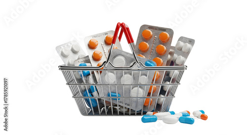 Shopping basket full of medicine pills and tablets isolated on transparent background for pharmacy concept