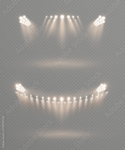Spotlights for stages and stadiums with bright yellow beams of light on a transparent background. Spotlight lighting effect on a transparent background.