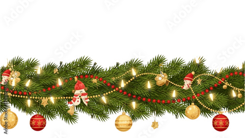 Festive Green Christmas Garland Border Adorned with Shiny Ornaments and Warm Glowing String Lights for Holiday Designs