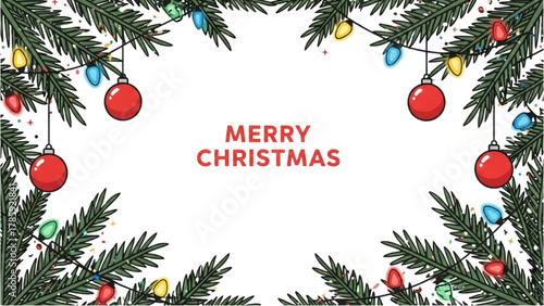 Cheerful Christmas Border Template Featuring Fir Garlands and Colorful Lights
