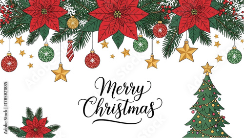 Festive Christmas Banner with Poinsettias, Ornaments, and a Decorated Tree
