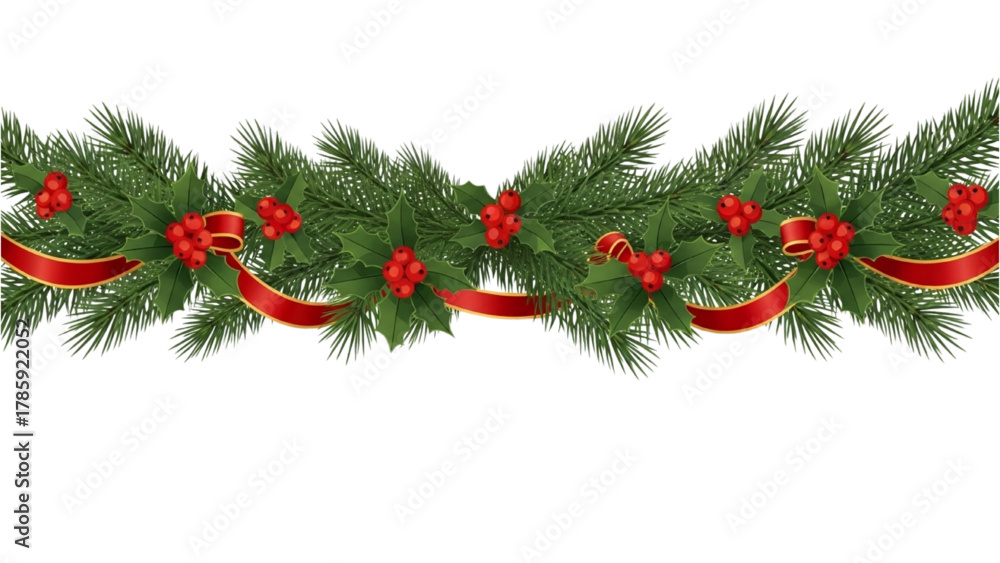 Fototapeta premium Classic Yuletide Decoration Horizontal Fir Garland Adorned with Shiny Red Berries and Elegant Ribbons for Festive Design
