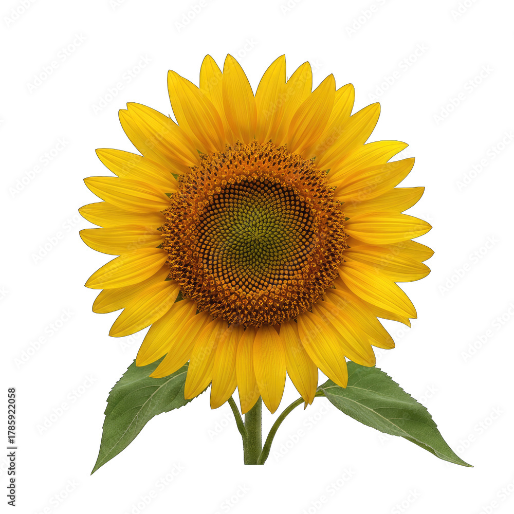Obraz premium Bright Yellow Sunflower with Green Leaves Isolated on Black Background with Realistic Petals and Detailed Center