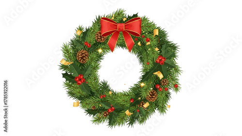 Festive Christmas wreath illustration with vibrant red bow, pinecones, and golden accents, perfect for holiday season decorations
