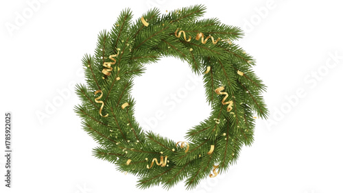 Beautifully decorated Christmas wreath with golden ribbons and ornaments on a white background