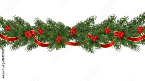 Classic Yuletide Decoration Horizontal Fir Garland Adorned with Shiny Red Berries and Elegant Ribbons for Festive Design