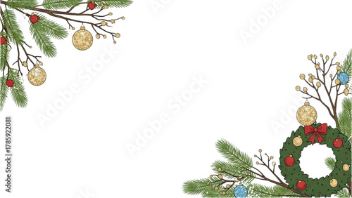 Elegant Festive Holiday Frame with Sparkling Ornaments and Pine Branches, Perfect for Seasonal Greetings and Invitations