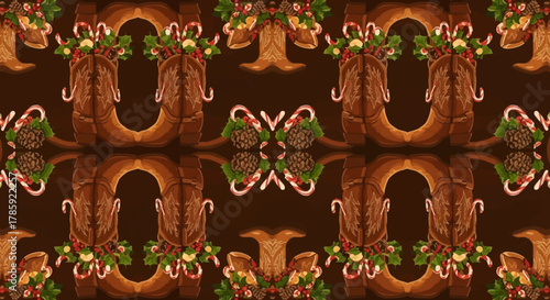 A festive seamless pattern with rustic cowboy boots, Christmas candy canes, holly, and pinecones on a brown background, ideal for unique holiday designs.