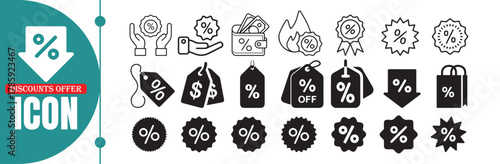 Discount and Sale Percentage Icons Collection in Black and Outline Style. Vector Illustration