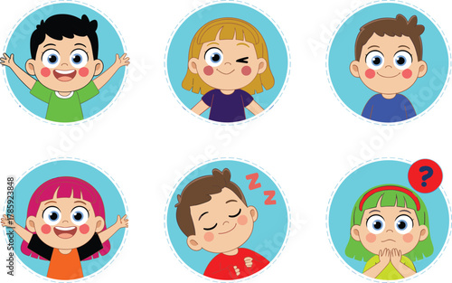 Cute cartoon kids avatar set, happy children facial expressions illustration, boy and girl emoji icons showing various emotions vector
