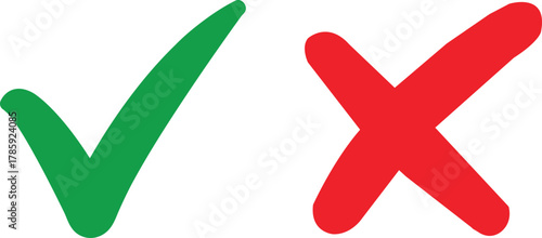 Green checkmark tick and red X icons. Set green approval check mark and red cross icons in circle isolated tick symbols.