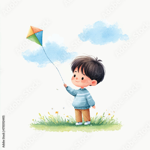 Young boy joyfully flying a kite on a sunny day in the park.