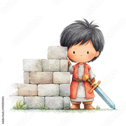 Young boy knight standing beside stone wall.