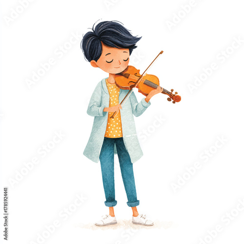 Young boy playing the violin with concentration and joy.
