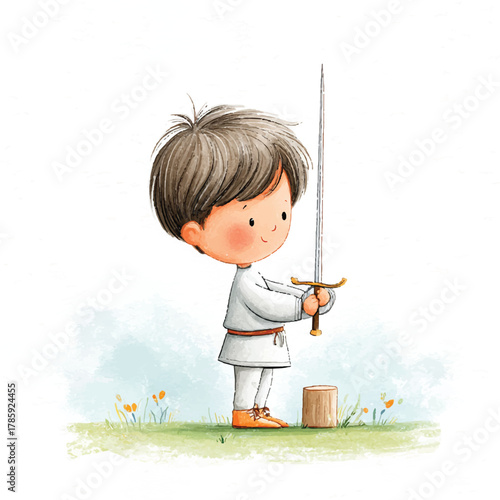 Young boy practices swordplay with determination and focus on his training.