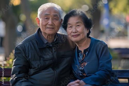 Portrait of a content asian couple in their 50s sitting on bench