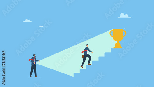 Boss using flashlight to light path help reaching success trophy. Mentorship or manager support employee finding career success, help and guide to discover potential and reach achievement.