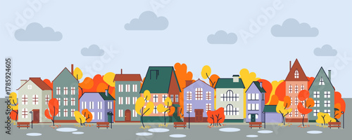 Cute houses in rainy autumn day, city buildings in European style. Cosy town panorama with home exteriors, Scandi architecture. Urban street with chimneys. Flat vector illustration