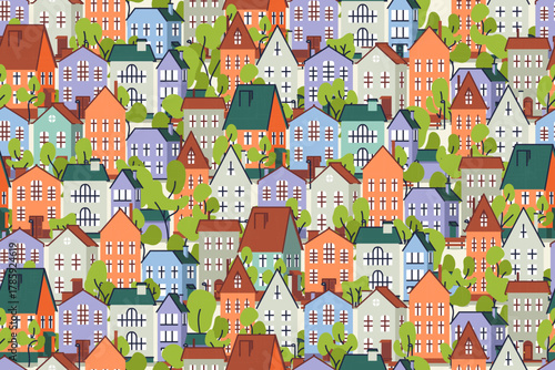 Town buildings seamless pattern in a flat cartoon style, cute cozy illustrations, colorful background, residental houses with greenery, dense urban development
