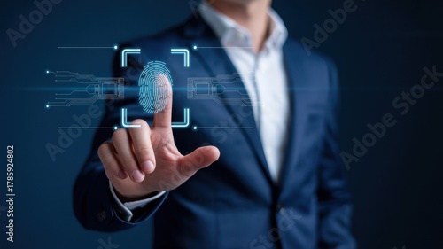 Man touching a digital fingerprint scan biometric identification and security concept modern technology interface