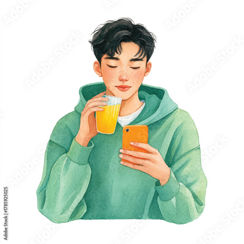 Young man enjoys drink while looking at his phone in a relaxed pose.